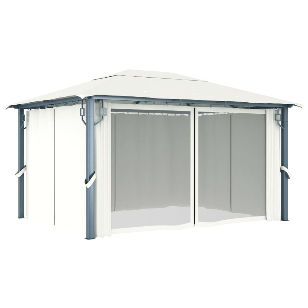 Produktbild för Paviljong med gardin & ljusslinga LED 4x3 m gräddvit aluminium