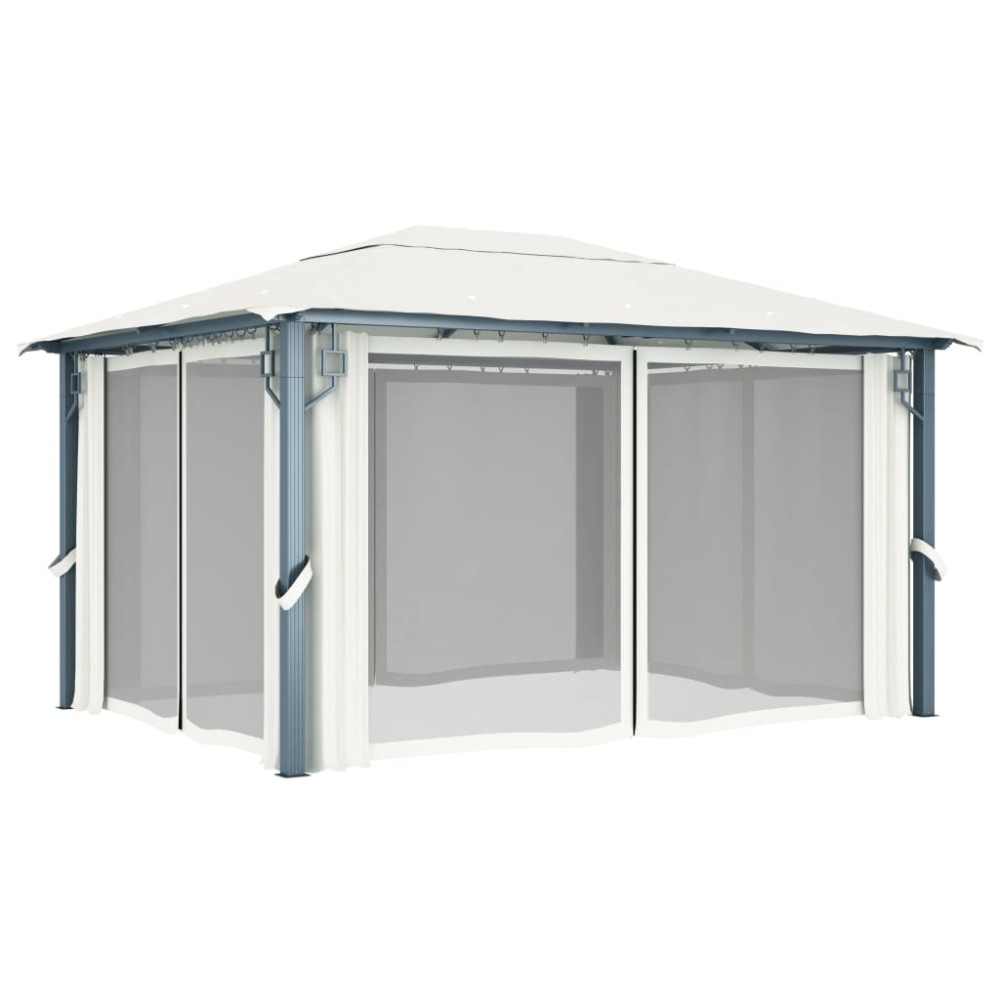 Produktbild för Paviljong med gardin & ljusslinga LED 4x3 m gräddvit aluminium