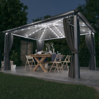 Produktbild för Paviljong med gardin & ljusslinga LED 4x3 m antracit aluminium