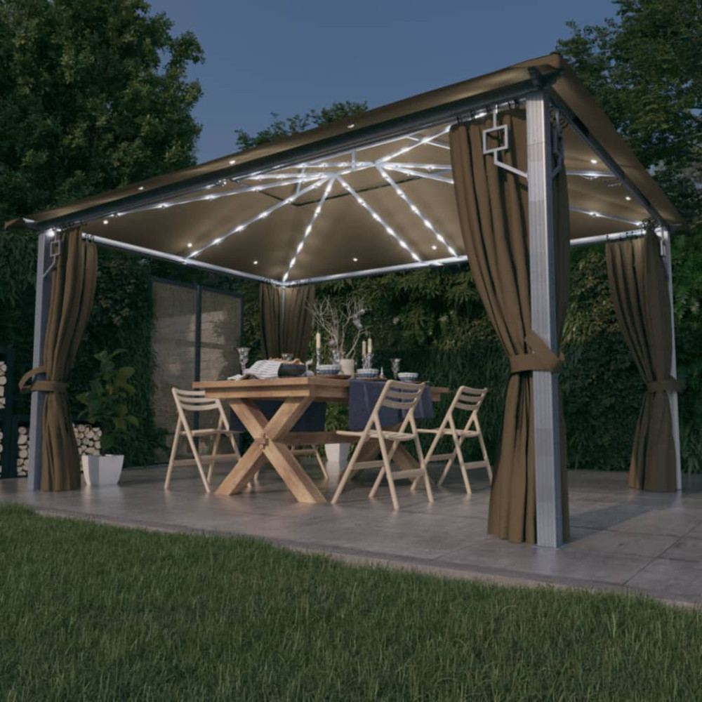 Produktbild för Paviljong med gardin & ljusslinga LED 4x3m taupe aluminium