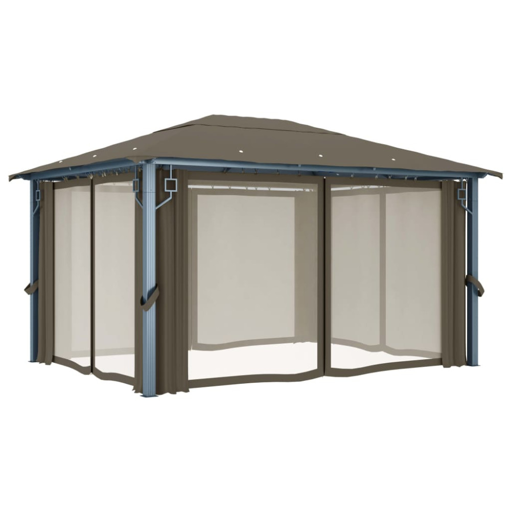 Produktbild för Paviljong med gardin & ljusslinga LED 4x3m taupe aluminium