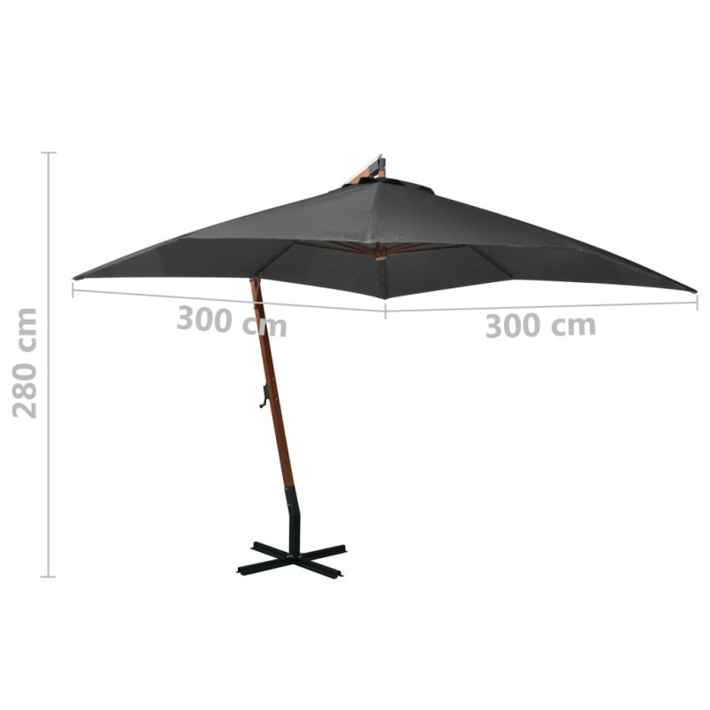 Produktbild för Hängande parasoll med stång antracit 3x3 m massivt granträ