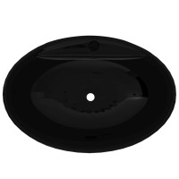 Produktbild för Handfat svart i oval keramik med kranhål och översvämningshål