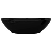 Produktbild för Handfat svart i oval keramik med kranhål och översvämningshål