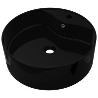 Miniatyr av produktbild för Handfat svart i keramik med kranhål och översvämningshål rund