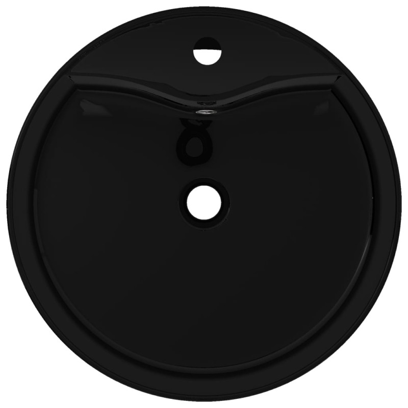 Produktbild för Handfat svart i keramik med kranhål och översvämningshål rund