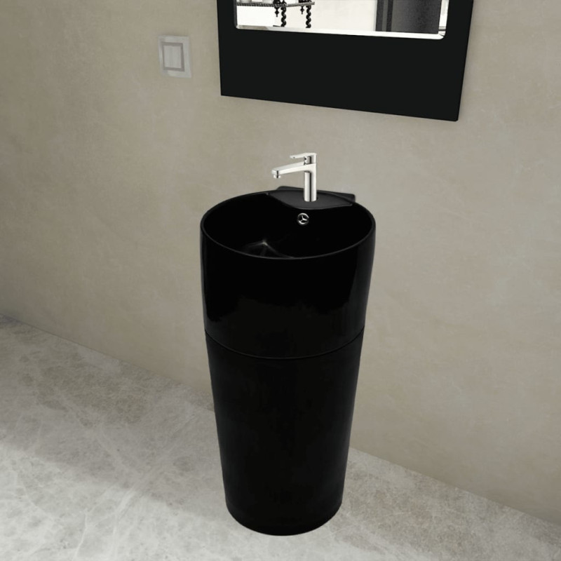 Produktbild för Handfat med kran- och överflödeshål i keramik svart med ställning