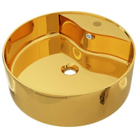 Produktbild för Handfat med bräddavlopp 46,5x15,5 cm keramik guld