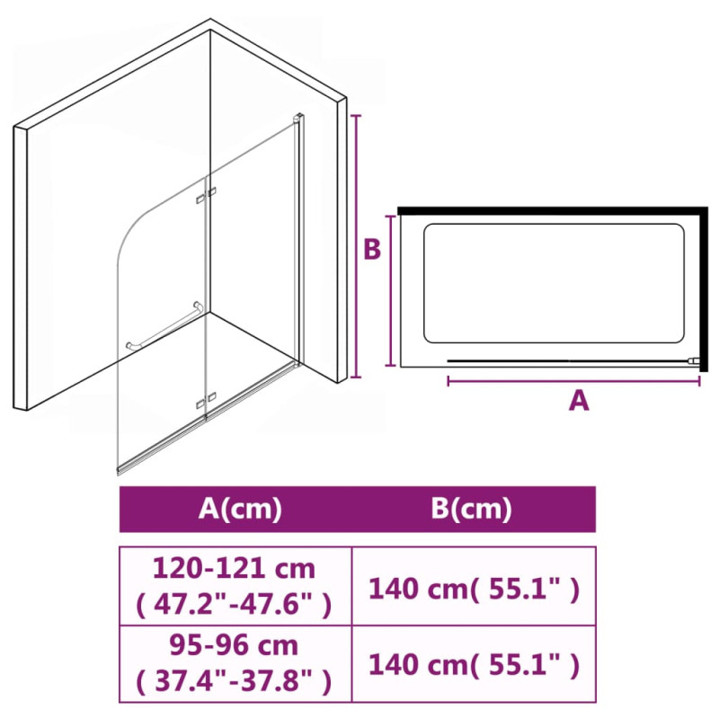 Produktbild för Duschvägg fällbar 2 paneler ESG 120x140 cm