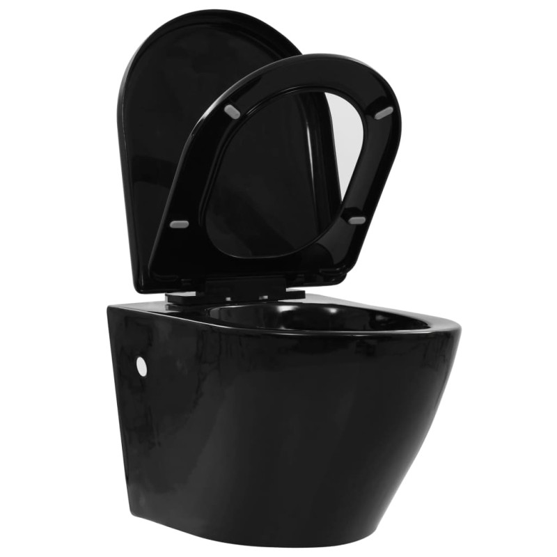 Produktbild för Toalettstol vägghängd utan spolkant keramisk svart