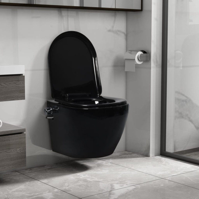Produktbild för Toalettstol vägghängd utan spolkant med bidé keramik svart