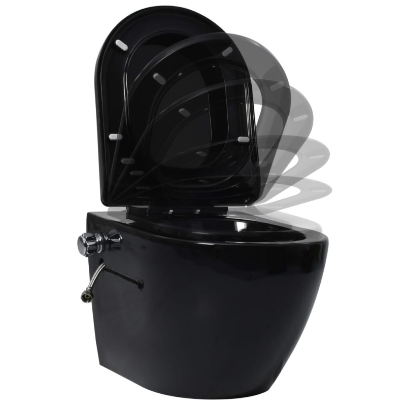 Produktbild för Toalettstol vägghängd utan spolkant med bidé keramik svart
