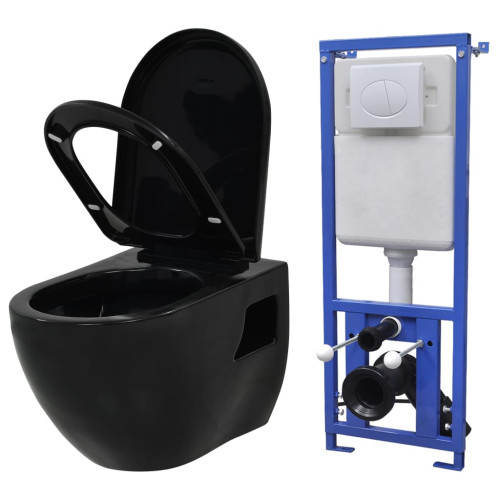 vidaXL Vägghängd toalett med dold cistern keramik svart