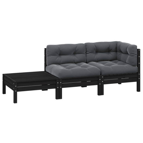 vidaXL Loungegrupp med dynor svart 3 delar massiv furu
