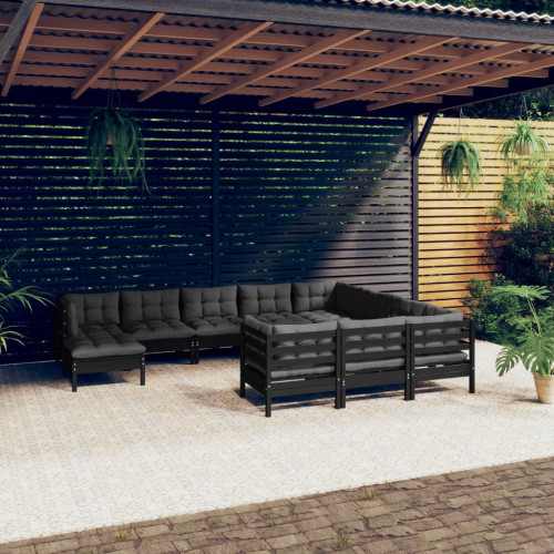vidaXL Loungegrupp för trädgården med dynor 11 delar svart massiv furu