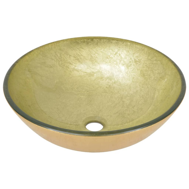 Produktbild för Handfat med kran och bottenventil guld härdat glas