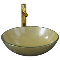 Produktbild för Handfat med kran och bottenventil guld härdat glas