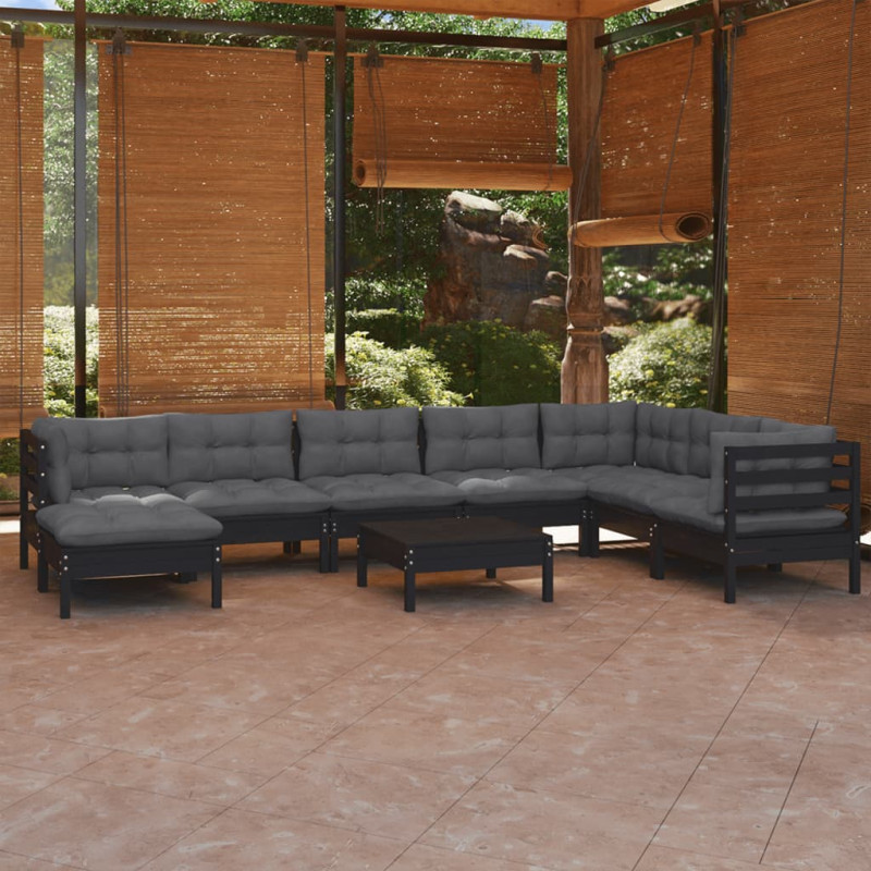 Produktbild för Loungegrupp för trädgården med dynor 9 delar svart massiv furu