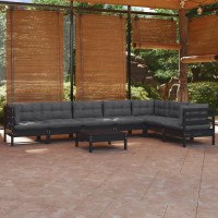 Produktbild för Loungegrupp för trädgården med dynor 8 delar svart massiv furu