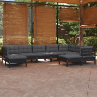 Produktbild för Loungegrupp för trädgården med dynor 9 delar svart massiv furu