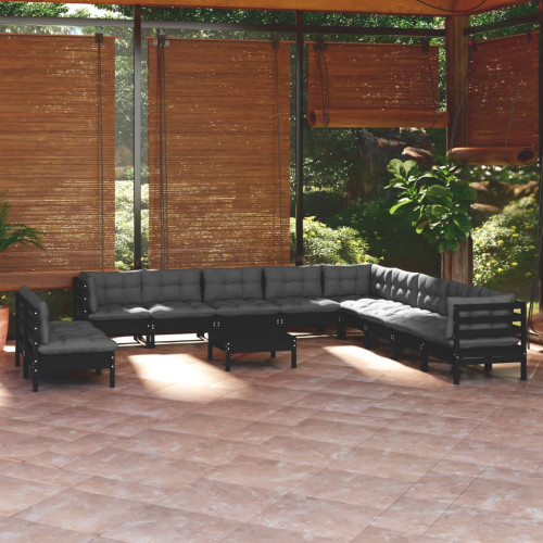 vidaXL Loungegrupp för trädgården med dynor 12 delar svart massiv furu