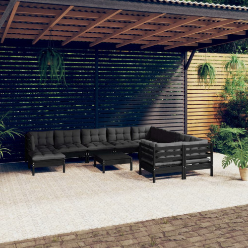 vidaXL Loungegrupp för trädgården med dynor 11 delar svart massiv furu