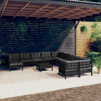 Produktbild för Loungegrupp för trädgården med dynor 12 delar svart massiv furu