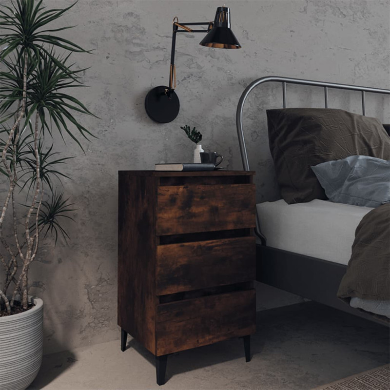 Produktbild för Sängbord med ben i metall rökfärgad ek 40x35x69 cm