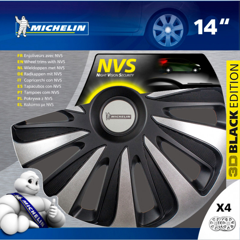 Produktbild för MICHELIN 9121 navkapsel 35,6 cm (14") Akrylnitrilbutadienstyren (ABS) Svart, Silver 4 styck