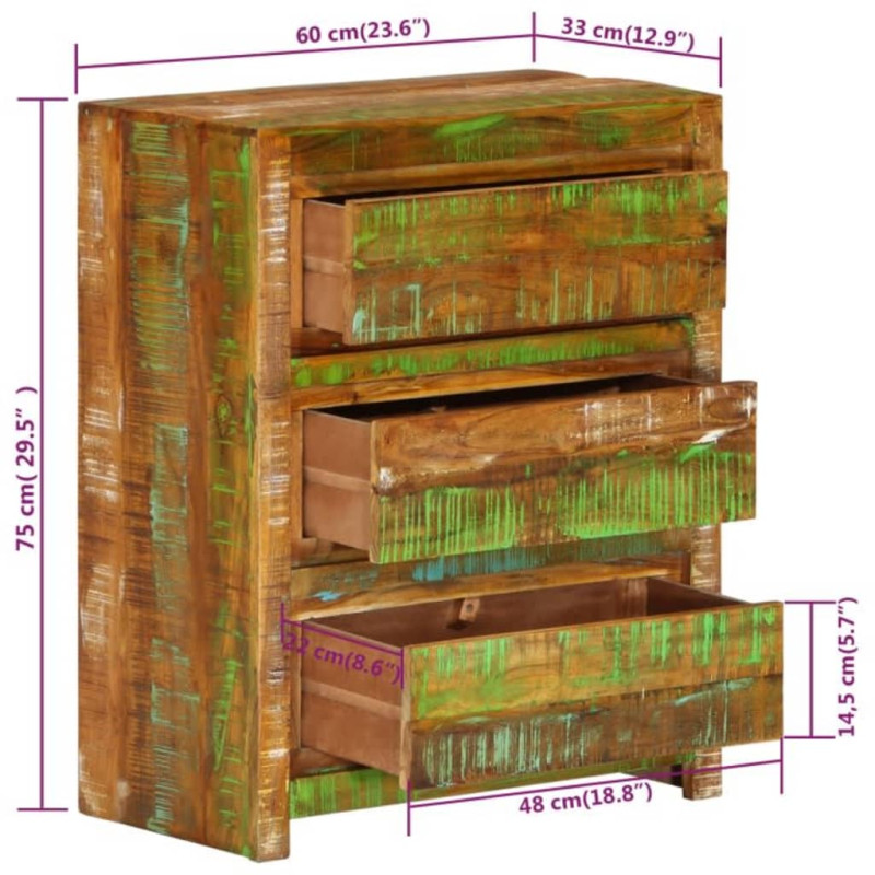 Produktbild för Byrå flerfärgad 60x33x75 cm massivt återvunnet trä