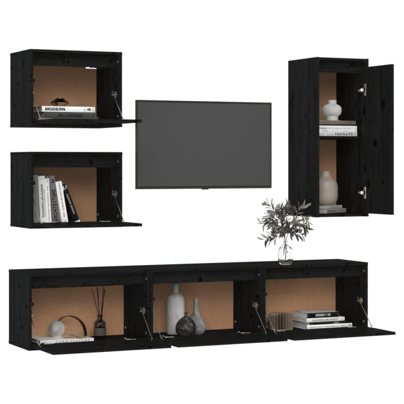 Produktbild för Tv-bänk 6 delar svart massiv furu