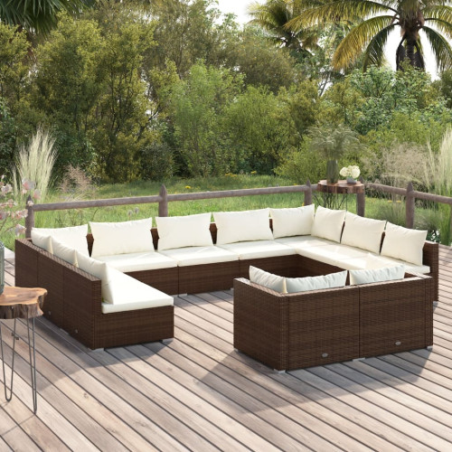 vidaXL Loungegrupp för trädgården m. dynor 11 delar brun konstrotting