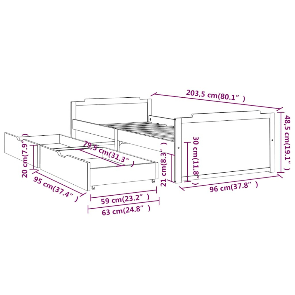 Produktbild för Sängram med lådor massiv furu 90x200 cm