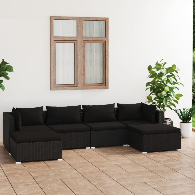 Produktbild för Loungegrupp för trädgården med dynor 6 delar konstrotting svart
