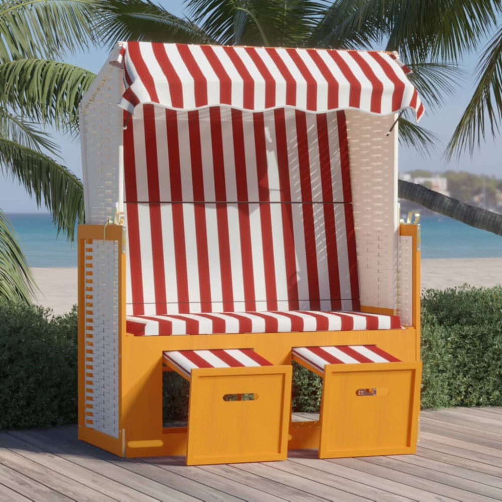 Produktbild för Strandkorg med tak konstrottning och massivt trä röd & vit