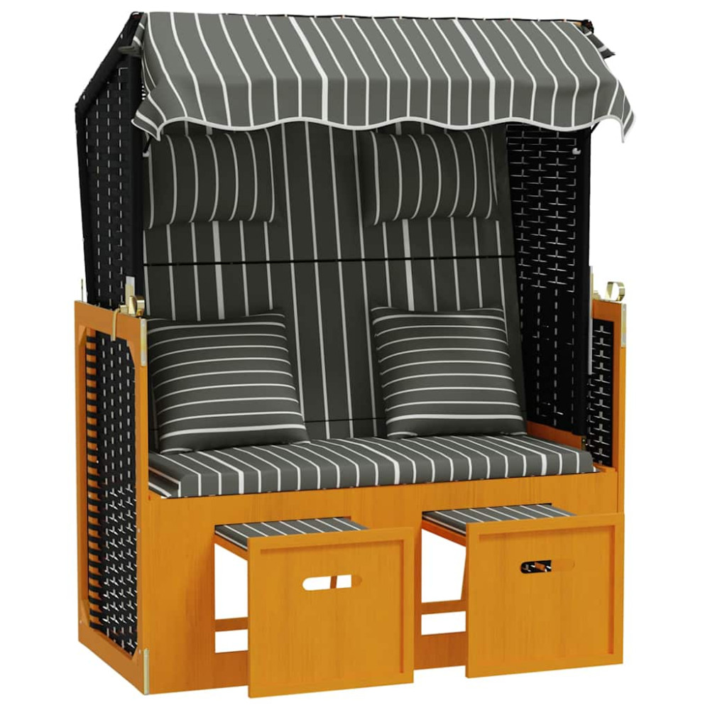 Produktbild för Strandkorg med dynor konstrottning och massivt trä svart & grå