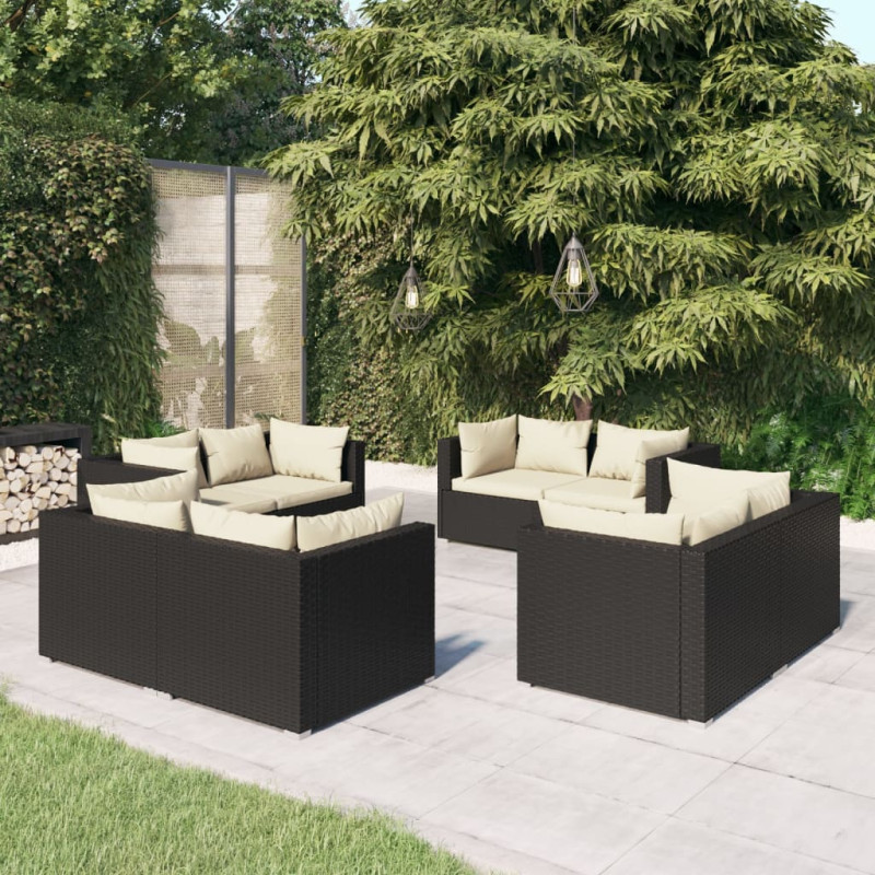 Produktbild för Loungegrupp för trädgården med dynor 8 delar konstrotting svart