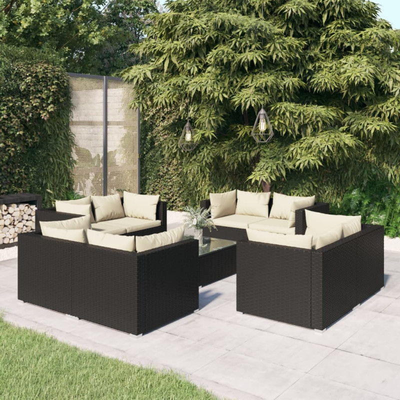 Produktbild för Loungegrupp för trädgården med dynor 9 delar konstrotting svart