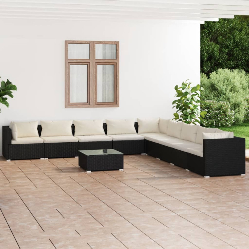 Produktbild för Loungegrupp för trädgården m. dynor 10 delar konstrotting svart