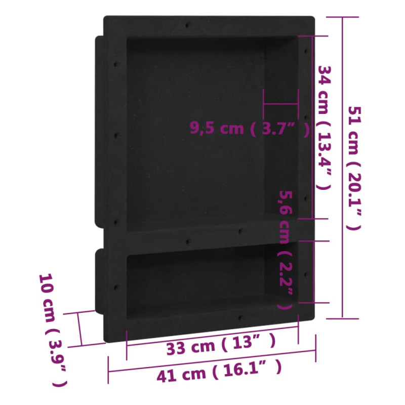 Produktbild för Infälld duschhylla niche 2 hyllor matt svart 41x51x10 cm