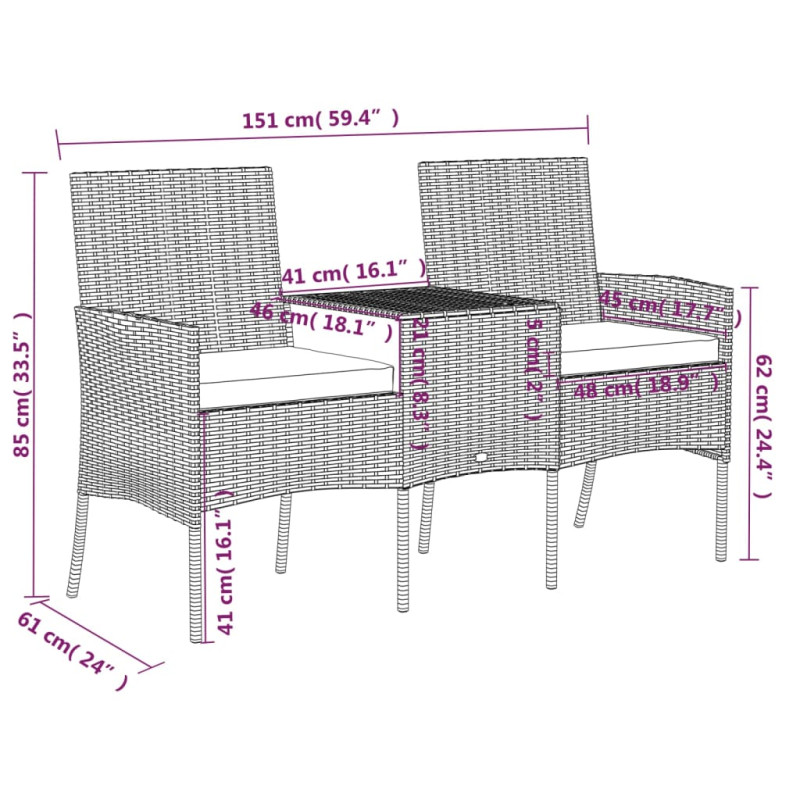 Produktbild för Trädgårdssoffa 2-sits med bord konstrotting svart