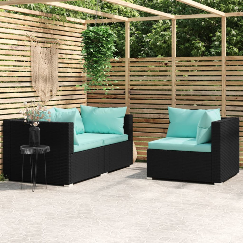 Produktbild för Loungegrupp för trädgården med dynor 3 delar konstrotting svart